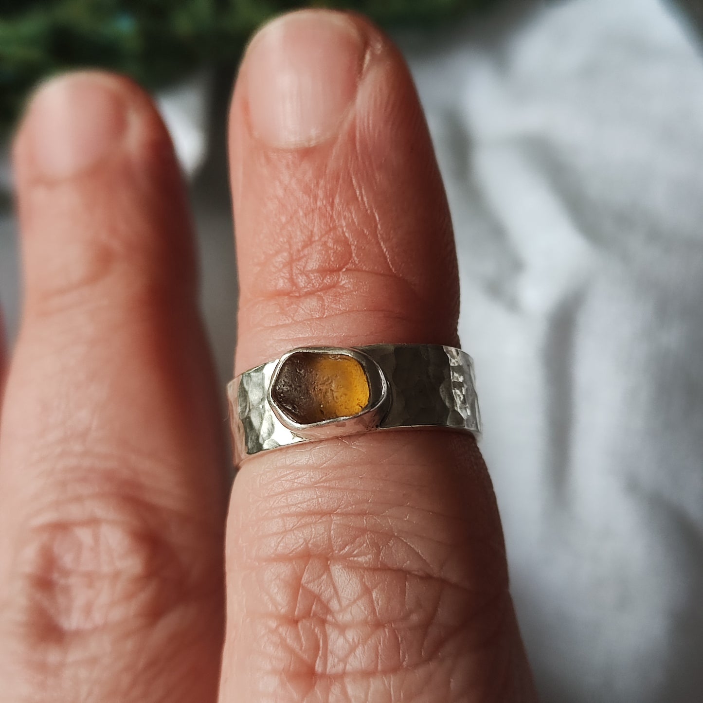 Sea Glass Ring - Hammered Band Size M Amber