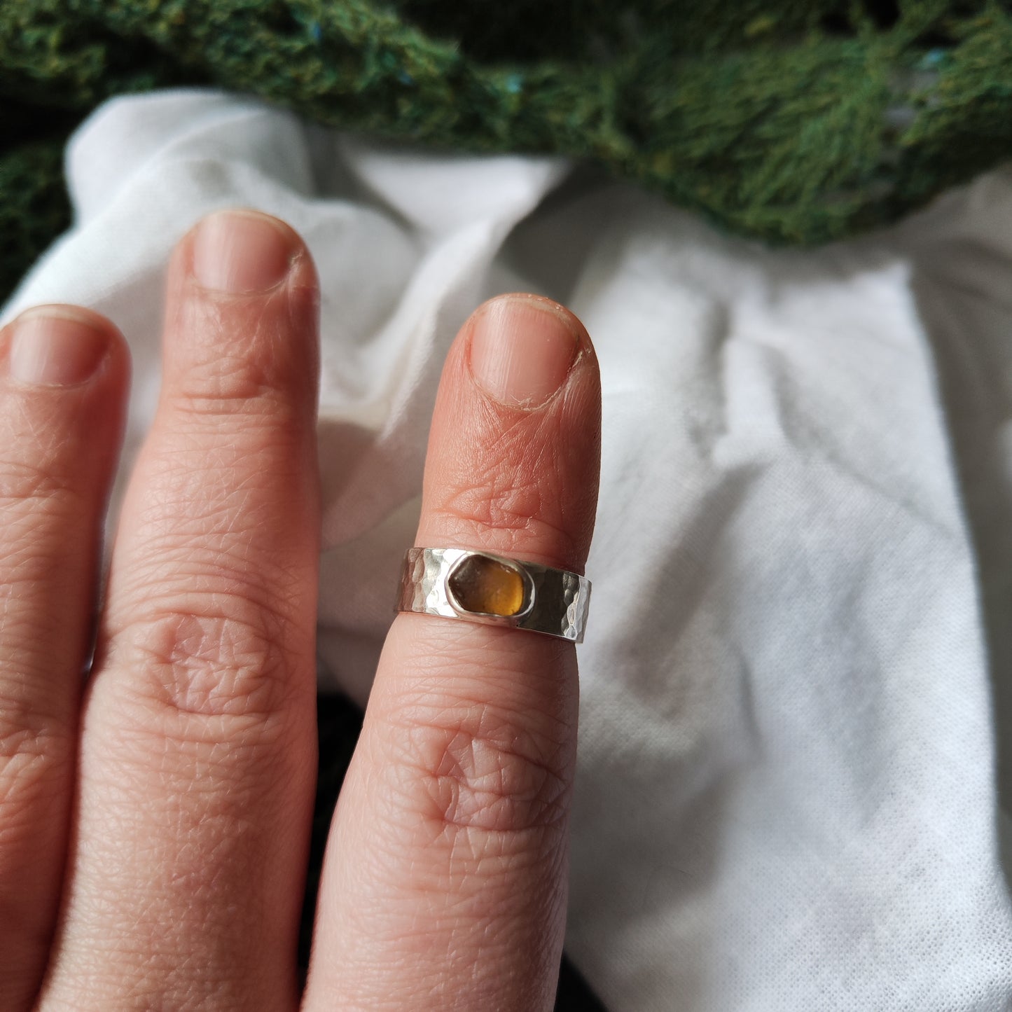 Sea Glass Ring - Hammered Band Size M Amber