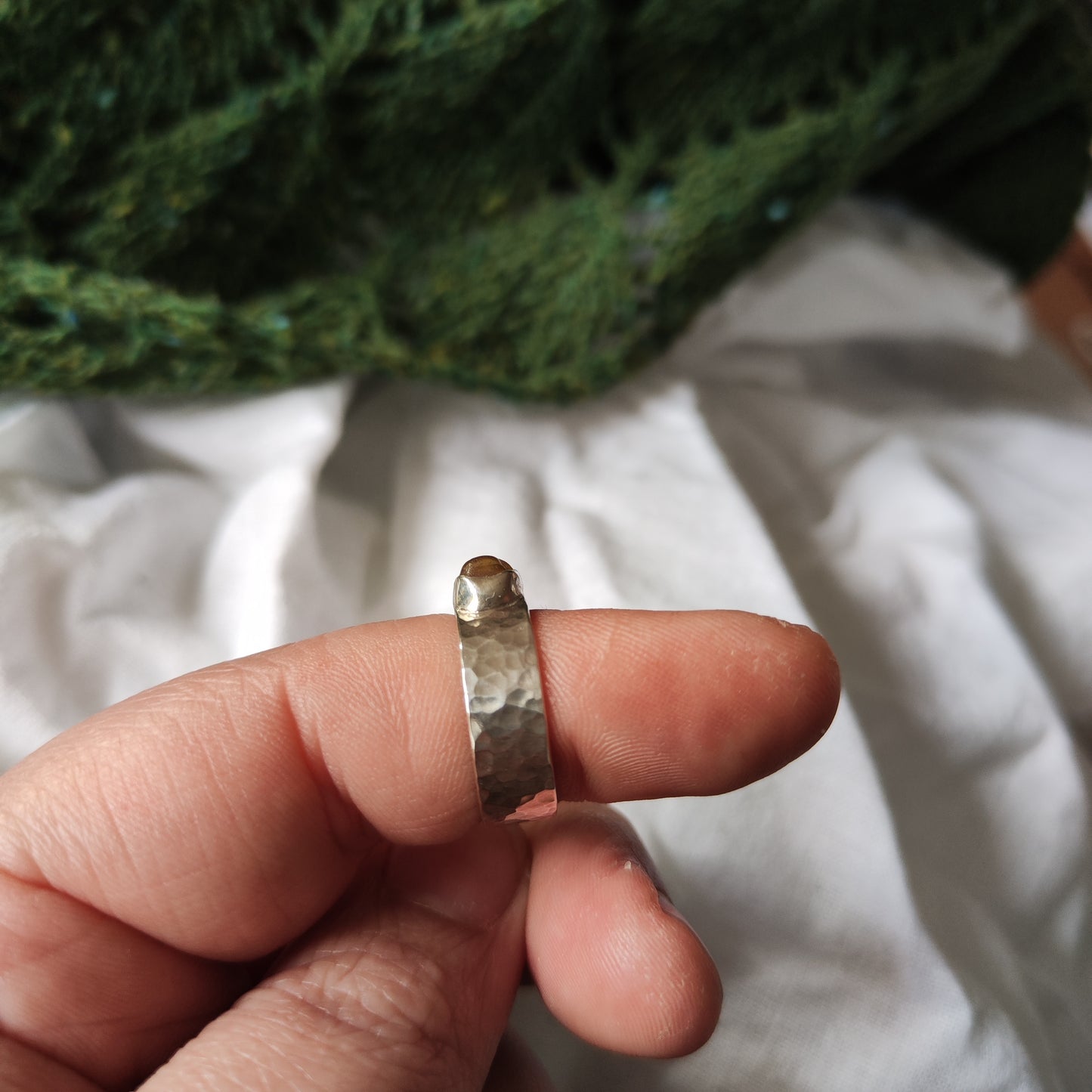 Sea Glass Ring - Hammered Band Size M Amber