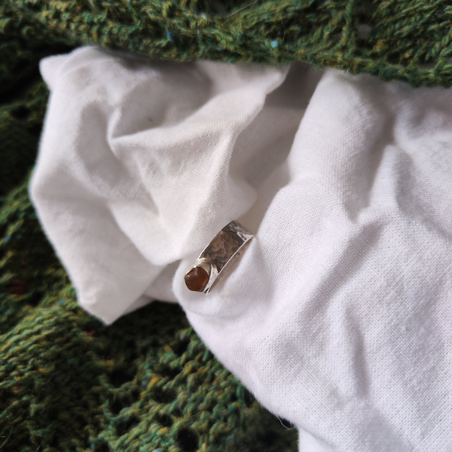 Sea Glass Ring - Hammered Band Size M Amber