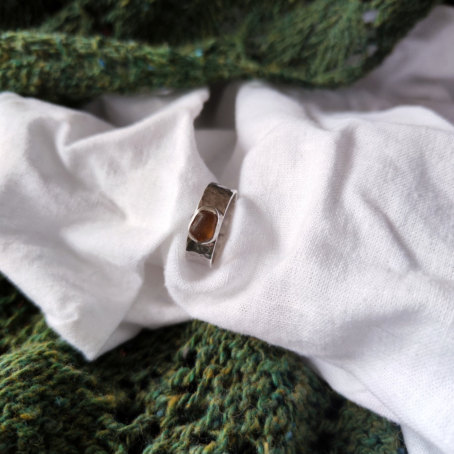 Sea Glass Ring - Hammered Band Size M Amber