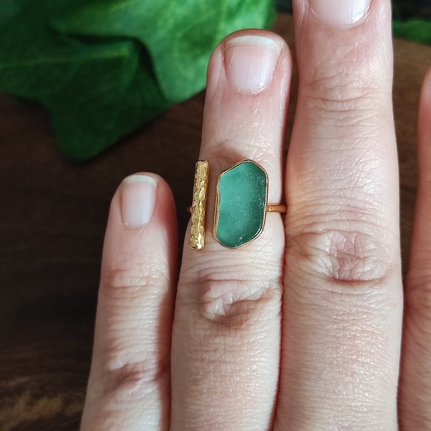 Gold-Plated Sea Glass T-Ring Size H-J