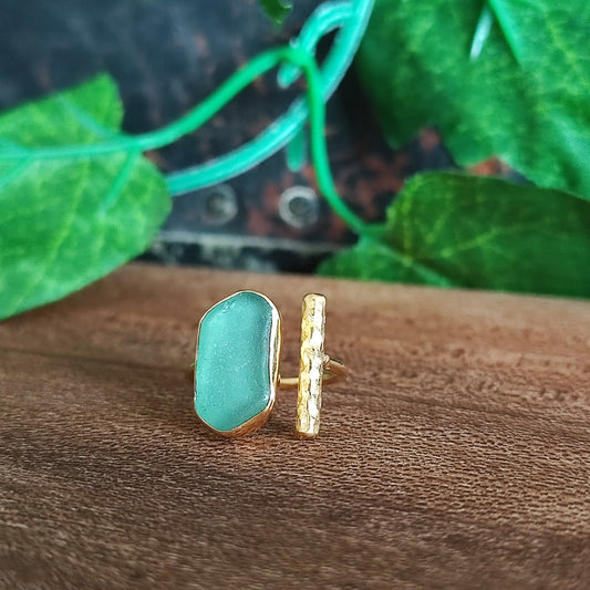 Gold-Plated Sea Glass T-Ring Size H-J