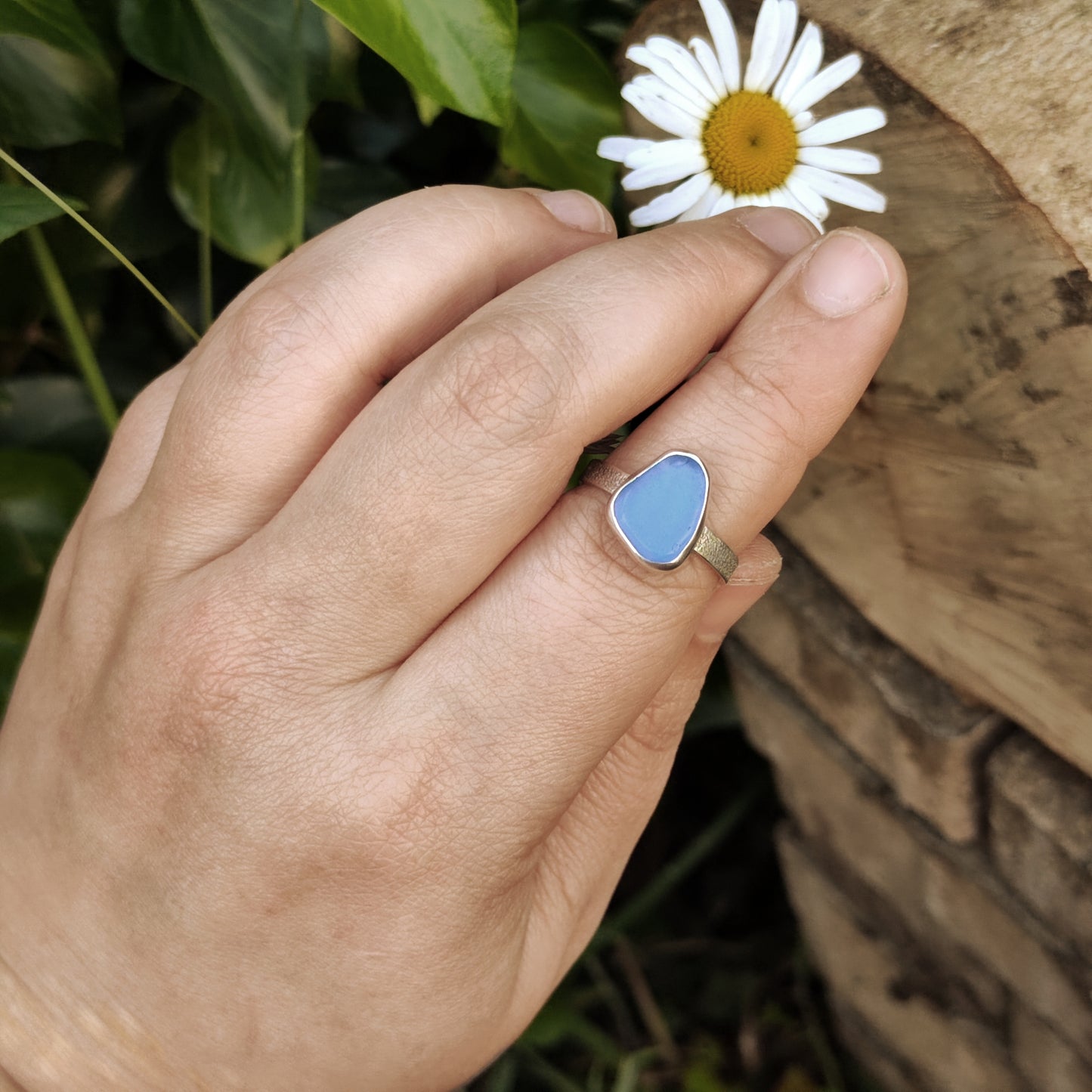 Sea Glass Ring - Textured Band - Size S