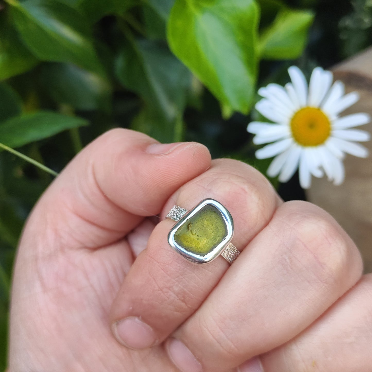 Sea Glass Ring - Textured Band - Size P