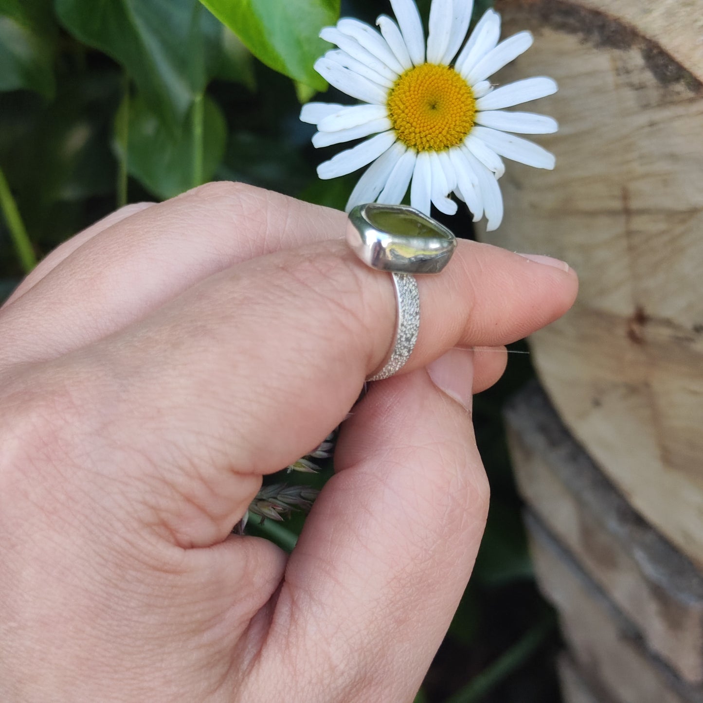 Sea Glass Ring - Textured Band - Size P