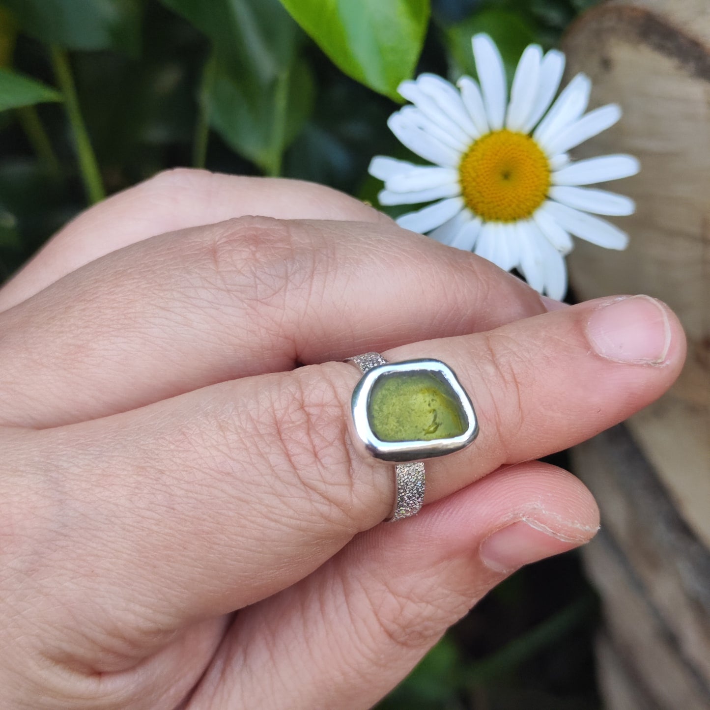 Sea Glass Ring - Textured Band - Size P