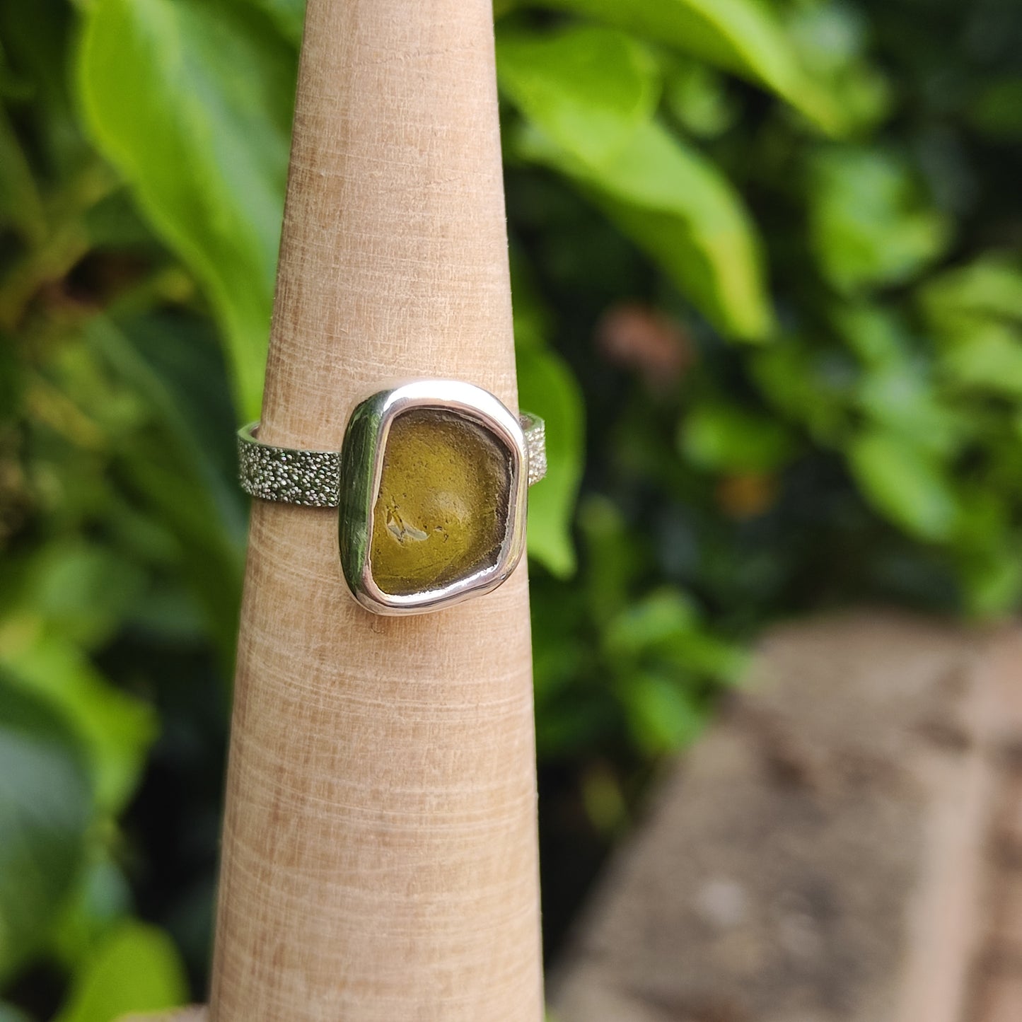 Sea Glass Ring - Textured Band - Size P