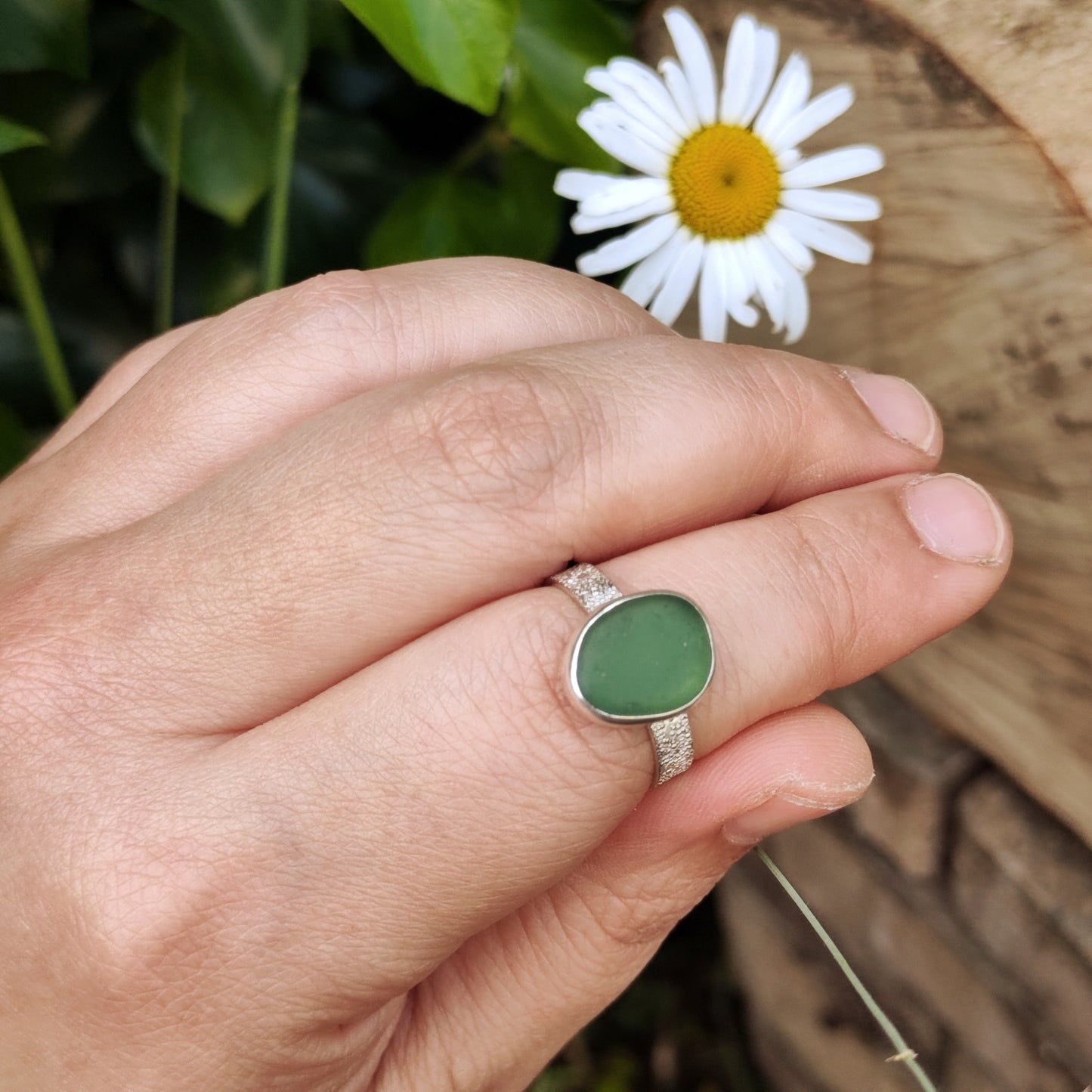 Sea Glass Ring - Textured Band - Size Q