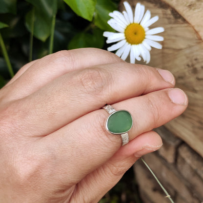 Sea Glass Ring - Textured Band - Size Q