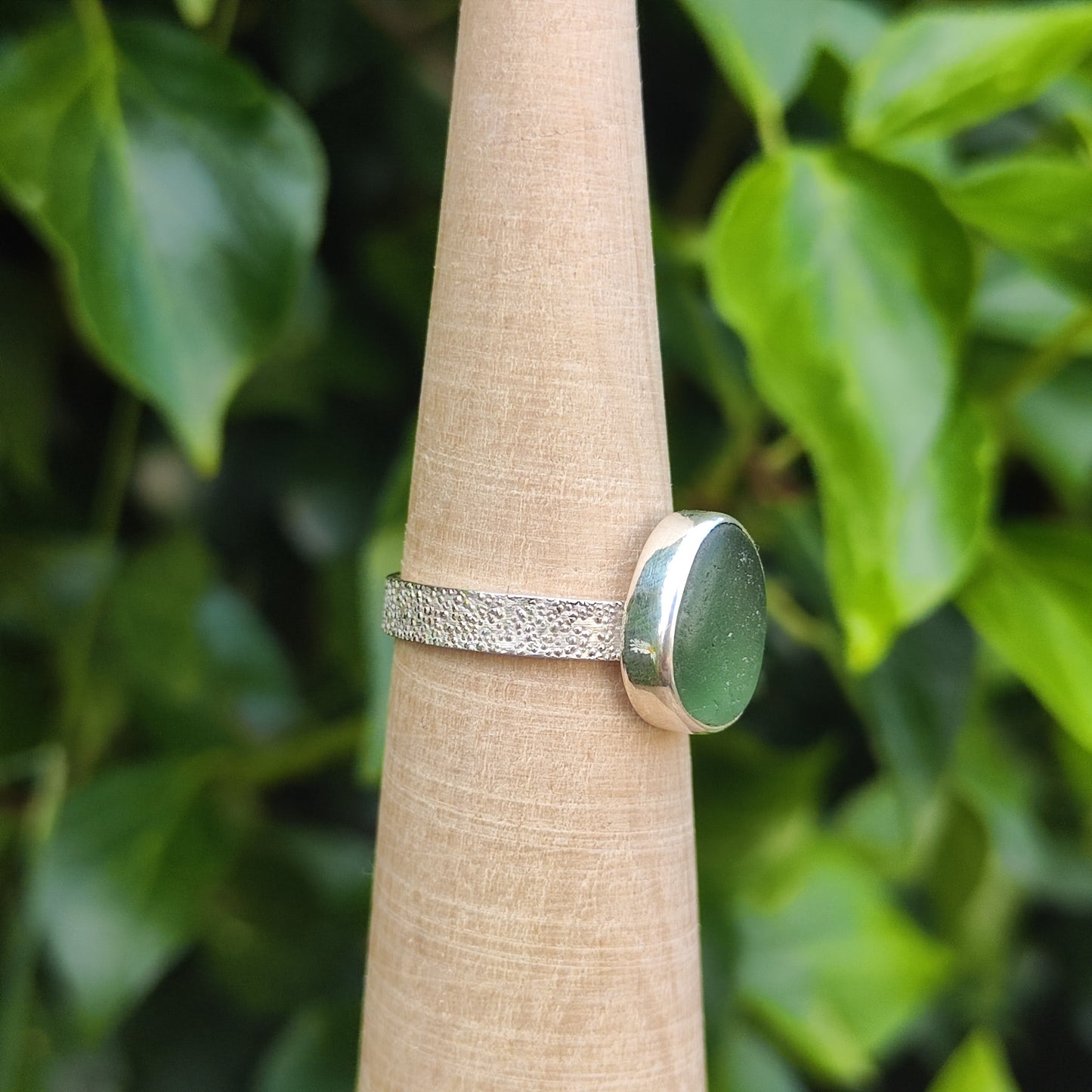 Sea Glass Ring - Textured Band - Size Q