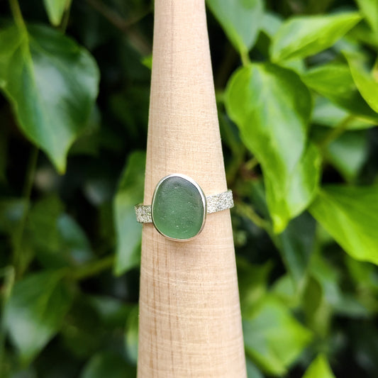 Sea Glass Ring - Textured Band - Size Q