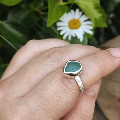 Sea Glass Ring - Textured Band - Size R