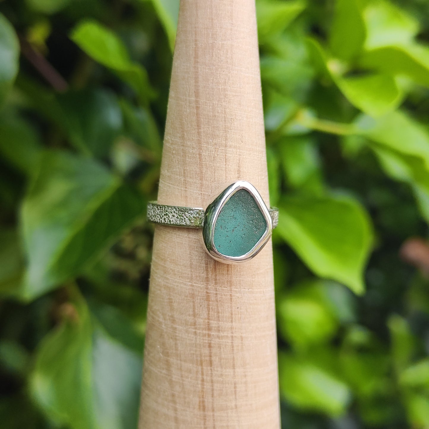 Sea Glass Ring - Textured Band - Size R