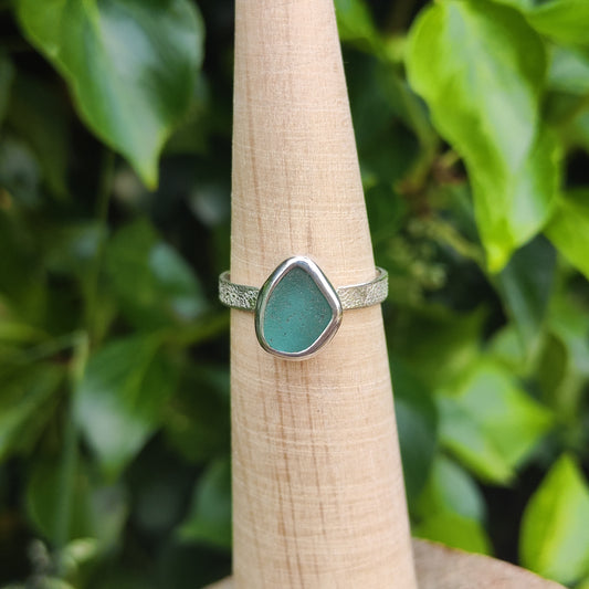 Sea Glass Ring - Textured Band - Size R