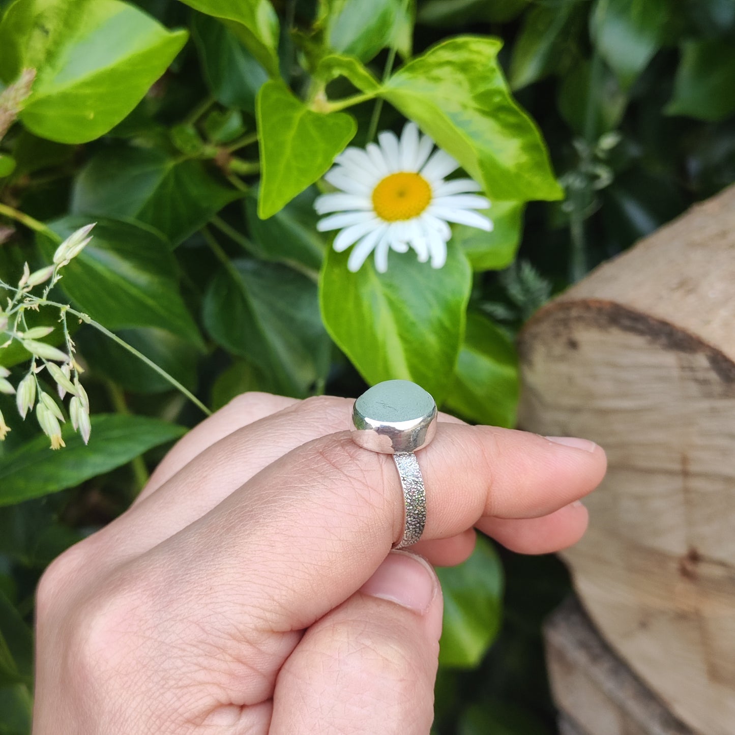 Sea Glass Ring - Textured Band - Size P