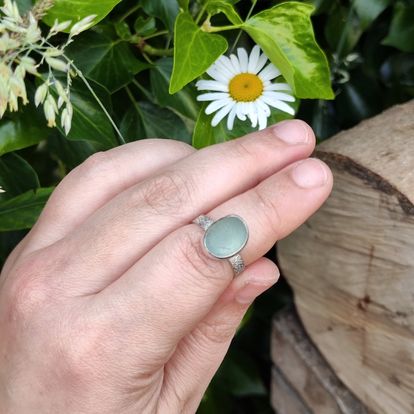 Sea Glass Ring - Textured Band - Size P