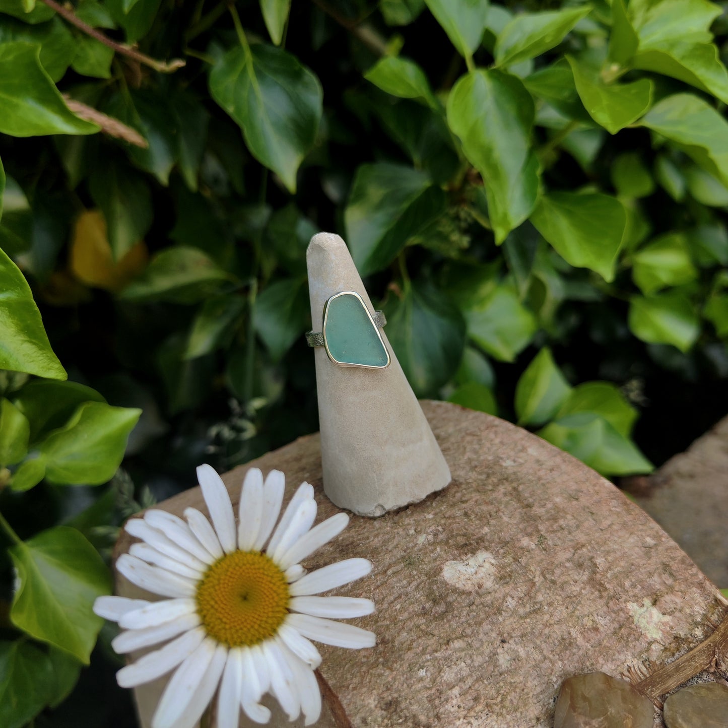 Sea Glass Ring - Textured Band - Size L