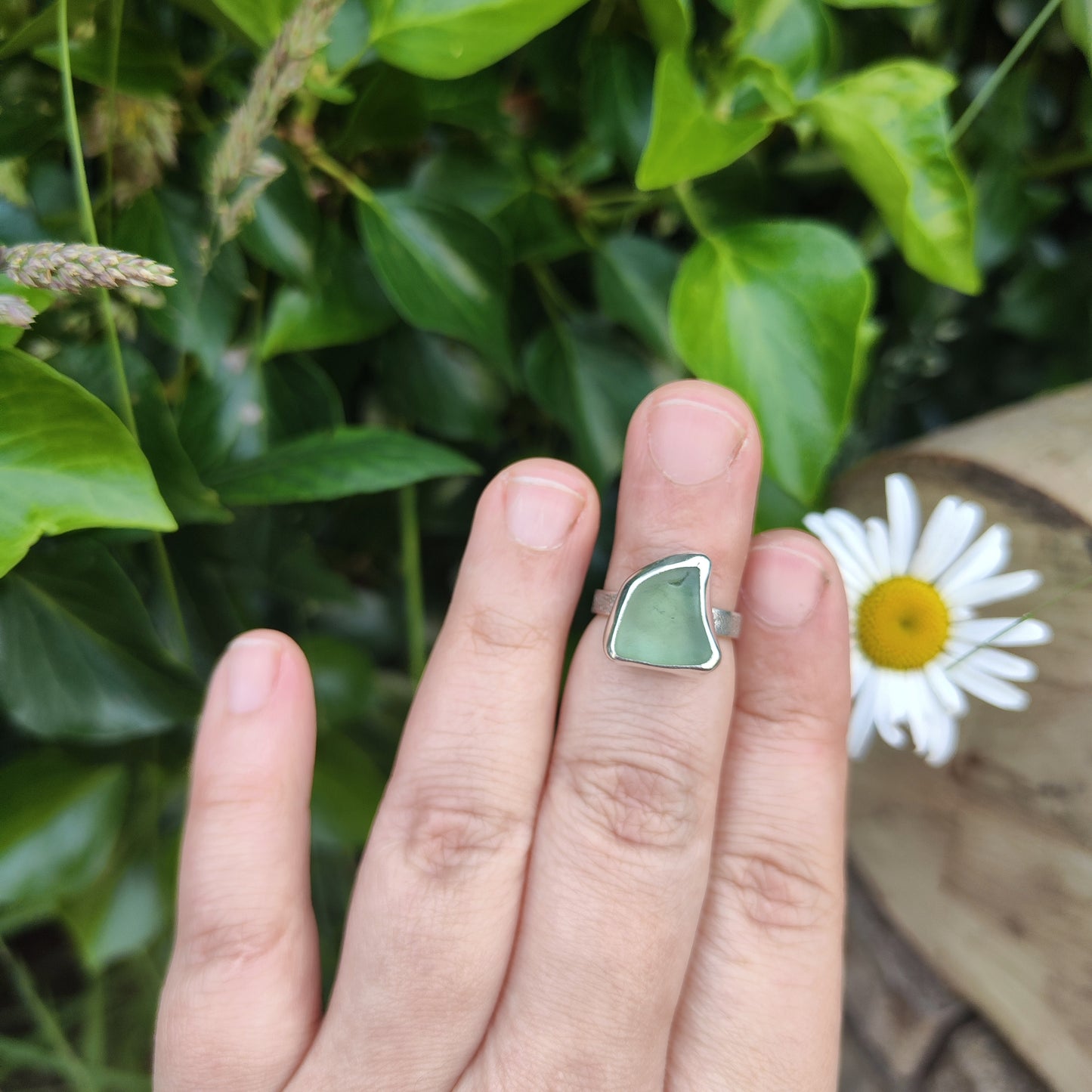 Sea Glass Ring - Textured Band - Size J