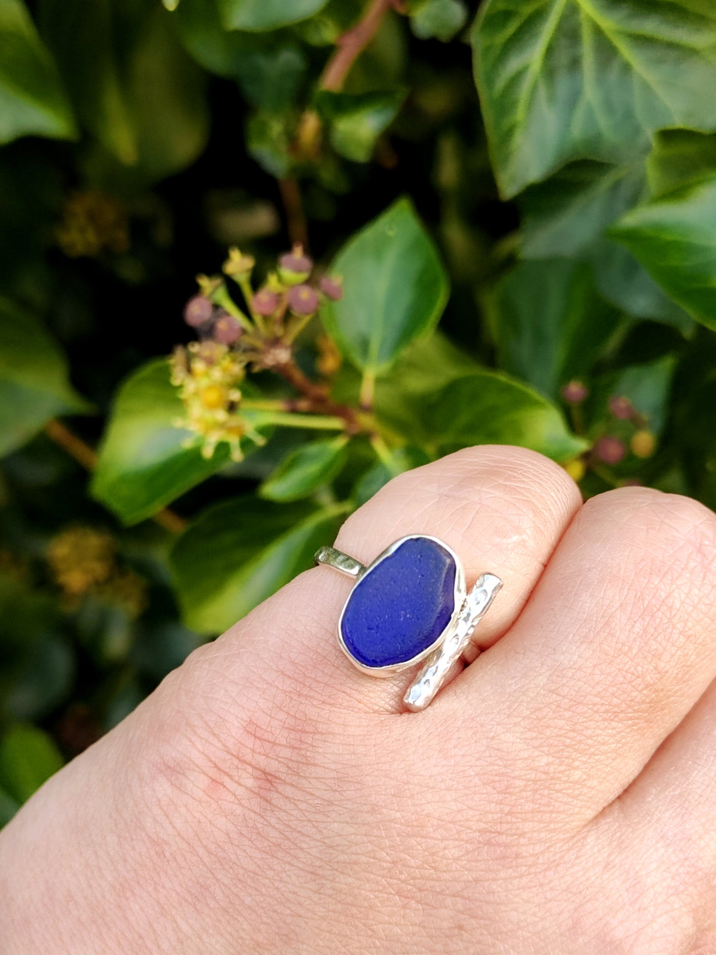 Sea Glass T-Ring Size N Cobalt Blue