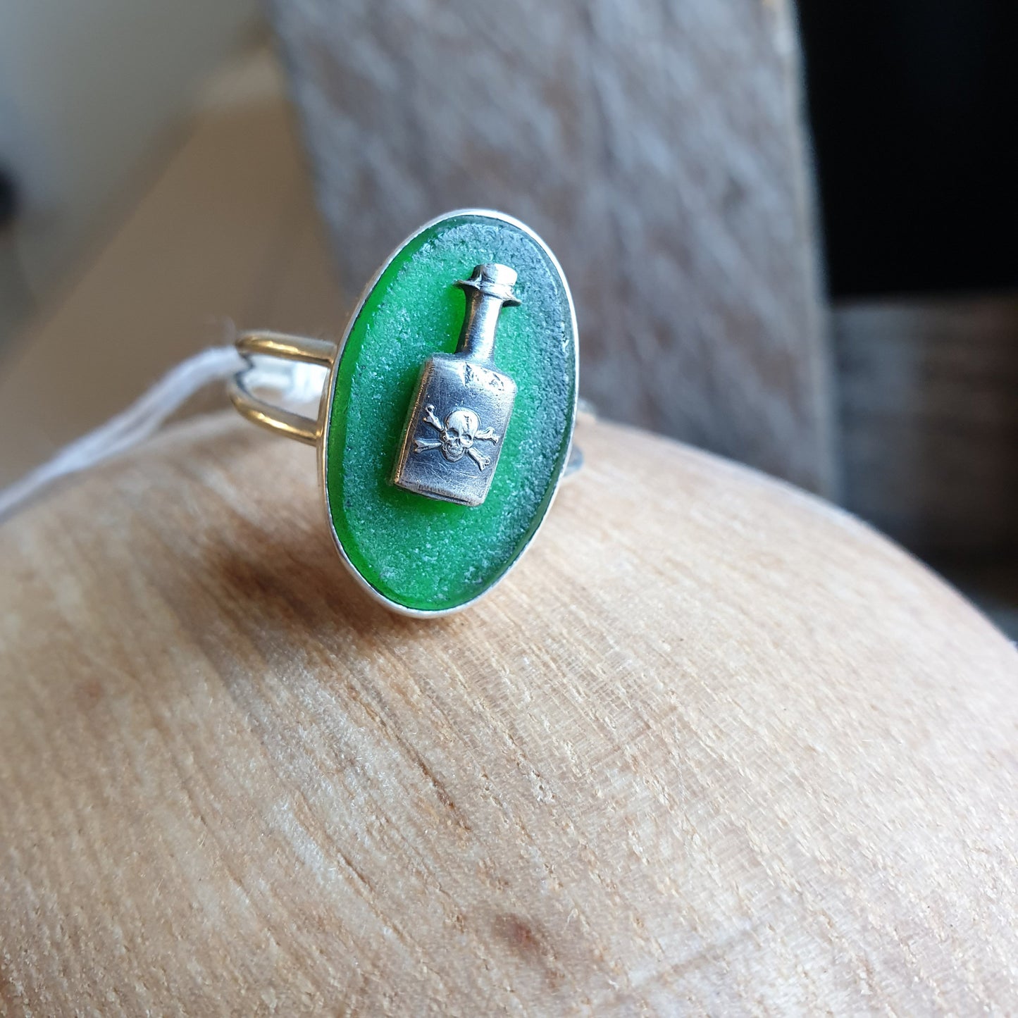 Kelly Green Poison Bottle Cameo Ring