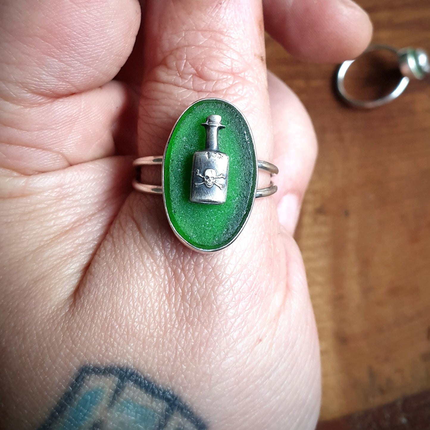 Kelly Green Poison Bottle Cameo Ring